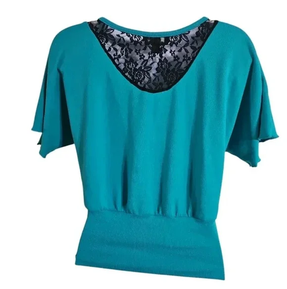 Amys Closet Juniors Small Teal Dolman Sleeve Blouse Lace Back 90s Y2K Preppy Top - Picture 3 of 6